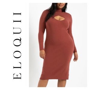 Eloquii NEW Diamond Cutout Knit Long Sleeve Mockneck Sweater Dress Brown 14 / 16